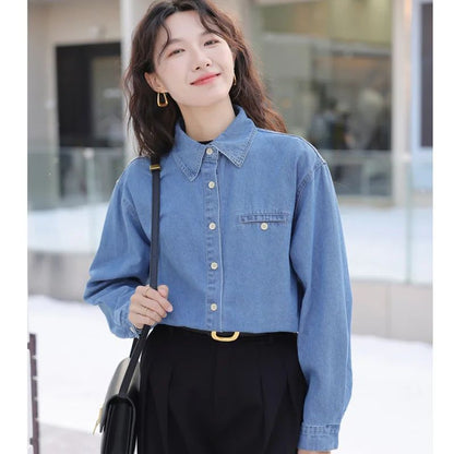 2024 New Vintage Loose-Fit Denim Shirt Women's Petite Top Commuter Jacket Fashionable Through-The-Year Style