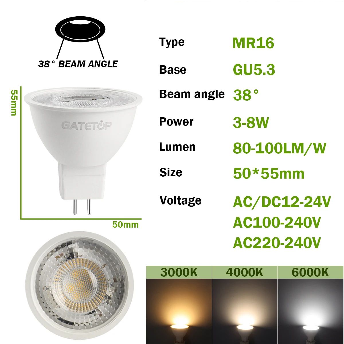 10PCS MR16 LED Spotlight Bulb GU5.3 Lampada AC 110V 220V 12V Bulbs Spot Light Replace The 50W Halogen Lamp Home Direction