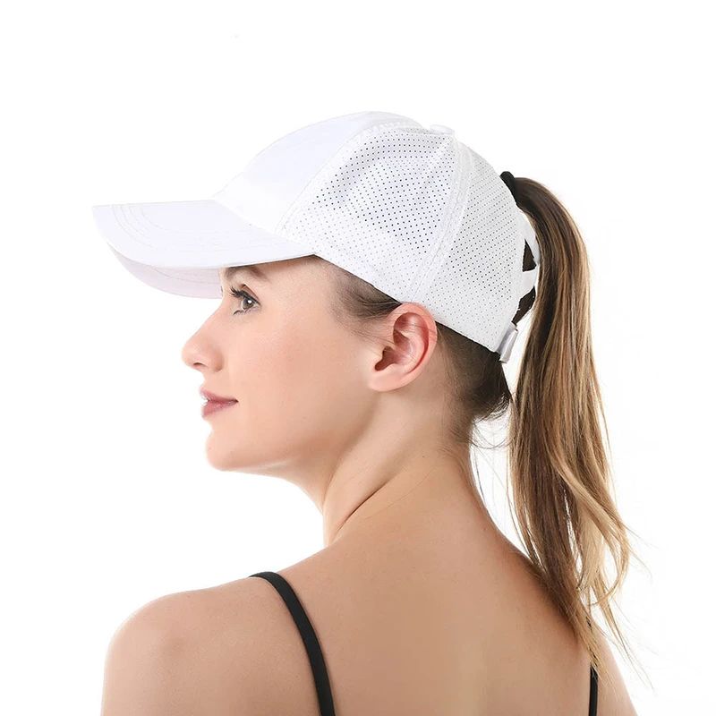 Boné de Beisebol de Verão Cor Sólida Roupa de Golfe Feminina Esporte Lazer Boné Cruzado com Rabo de Cavalo Chapéu de Malha Secagem Rápida Meio-Oco Boné Masculino com Aba Curva