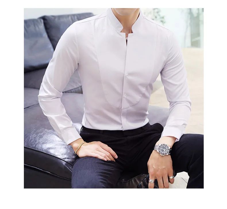 Black Men Long Sleeve Shirt, White Single Breasted Collar Stretch Shirts, Red Fashion Slim Top,Asian Size M-5XL(Korean Slim Fit)