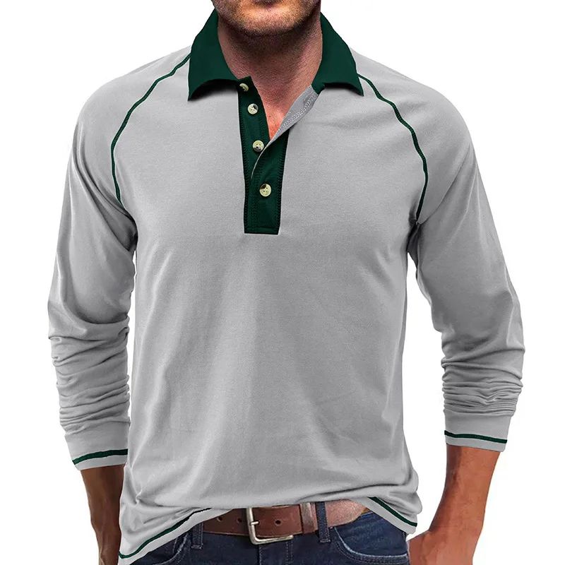 American Men's Autumn Long Sleeve Lapel Henley T-shirt POLO Basic Shirt  Mens Tops