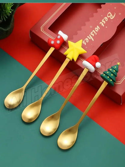 Christmas Cutlery Set Elk Dessert Scoop Fruit Fork Coffee Spoon Stainless Steel Dessert Fork 4/6PCS Christmas Spoons Fork Set