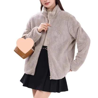 Women's Double-Sided Fleece Jacket Grey Warm Stand-Collar Thick Winter Outerwear Trendy Sweatshirt Style Casual Loose Fit