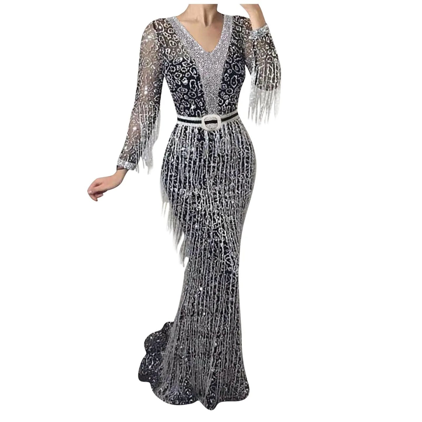 Women's Fashion New Long Sleeved Prom Dress Elegant Sexy Deep V Neck Sequined Fringed Long Slim Dresses Evening Party Dresses
