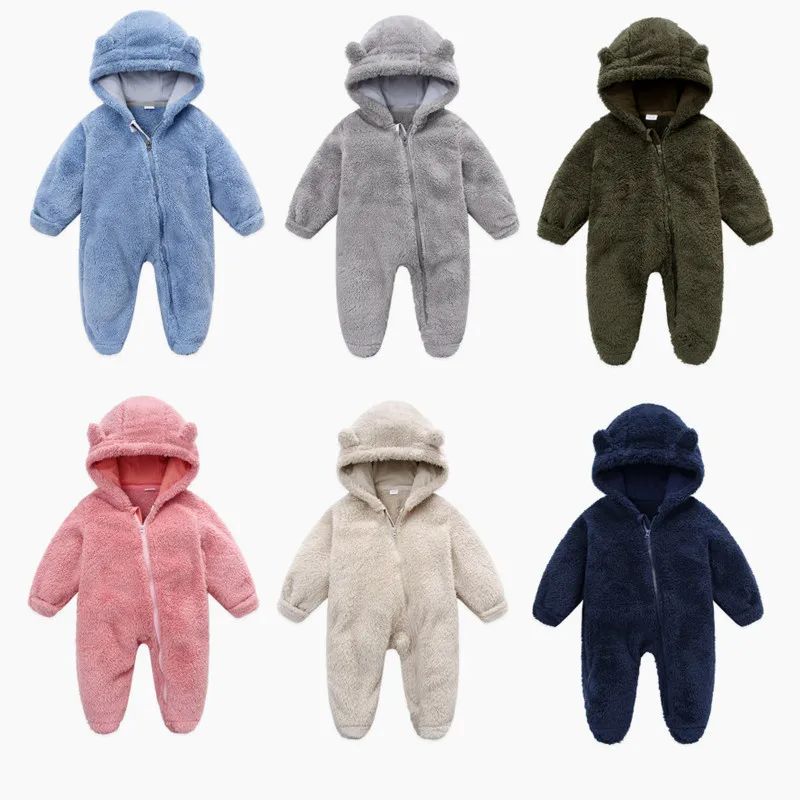 0-12M Baby Plush Warm Jumpsuits Boys Girls Long Sleeve Hooded Zipper Romper Newborn Infant Fall Winter Clothes