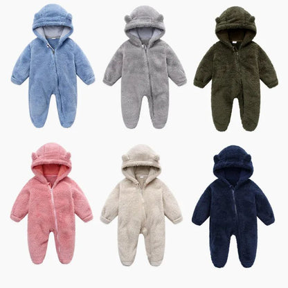 0-12M Baby Plush Warm Jumpsuits Boys Girls Long Sleeve Hooded Zipper Romper Newborn Infant Fall Winter Clothes