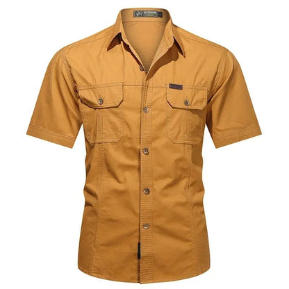 Men's Streetwear Casual Button Down Military Cargo Shirt Short Sleeve Cotton Dress Shirts For Hiking Fishing Golf Polos Shirts