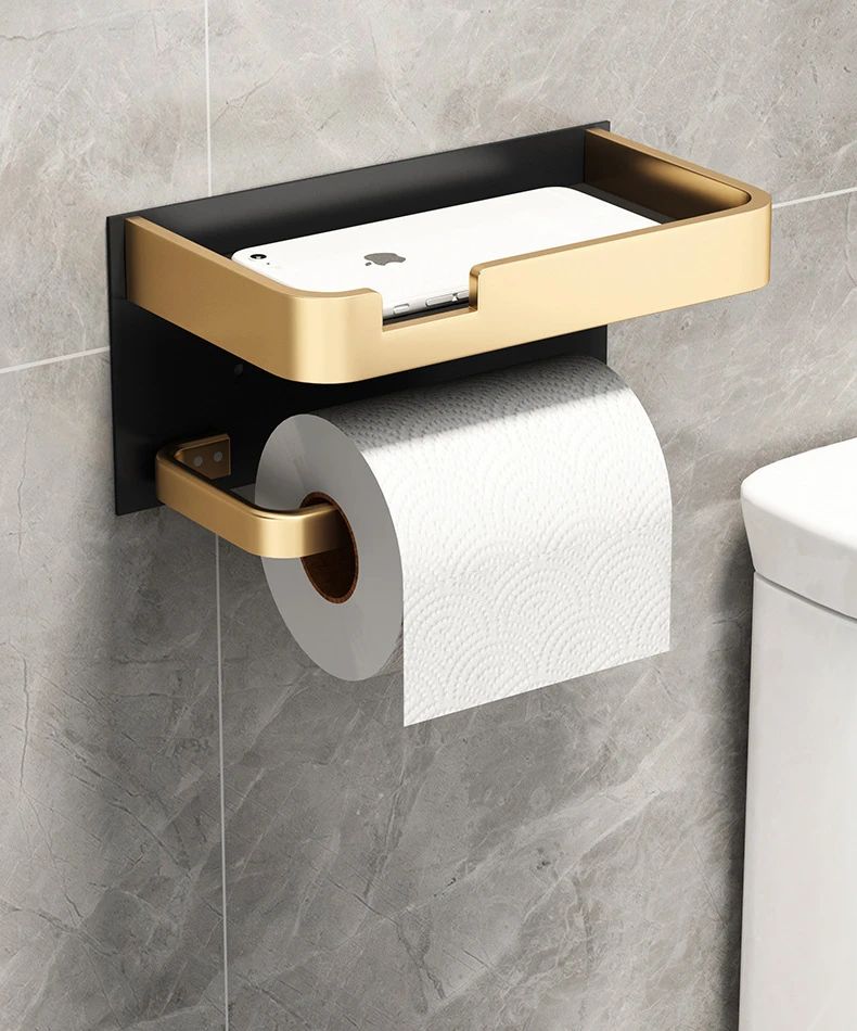 Black Gold Toilet Paper Holder Bathroom Wall Mount Multifunction WC Paper Phone Holder Shelf Towel Roll Shelf Accessories