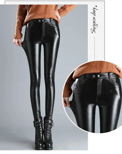 PU Leather Pants for Women Leggings Pencil Pants with Thermal Lining Female High-Waisted Stretchy Slim Fit Autumn Winter Black