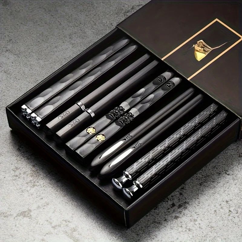 5 Pares de Hashis Premium em Liga Metálica - Antibacterianos, Reutilizáveis (Japonês e Chinês) com Tecnologia de Íons de Prata