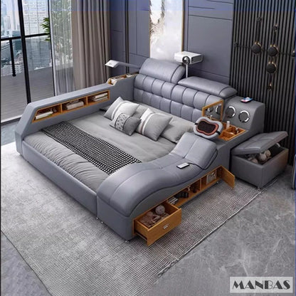 MANBAS Luxury King Size Genuine Leather Bed / Tech Smart Bed / Multifunctional Ultimate Beds / Massage Bed with USB,Projecter