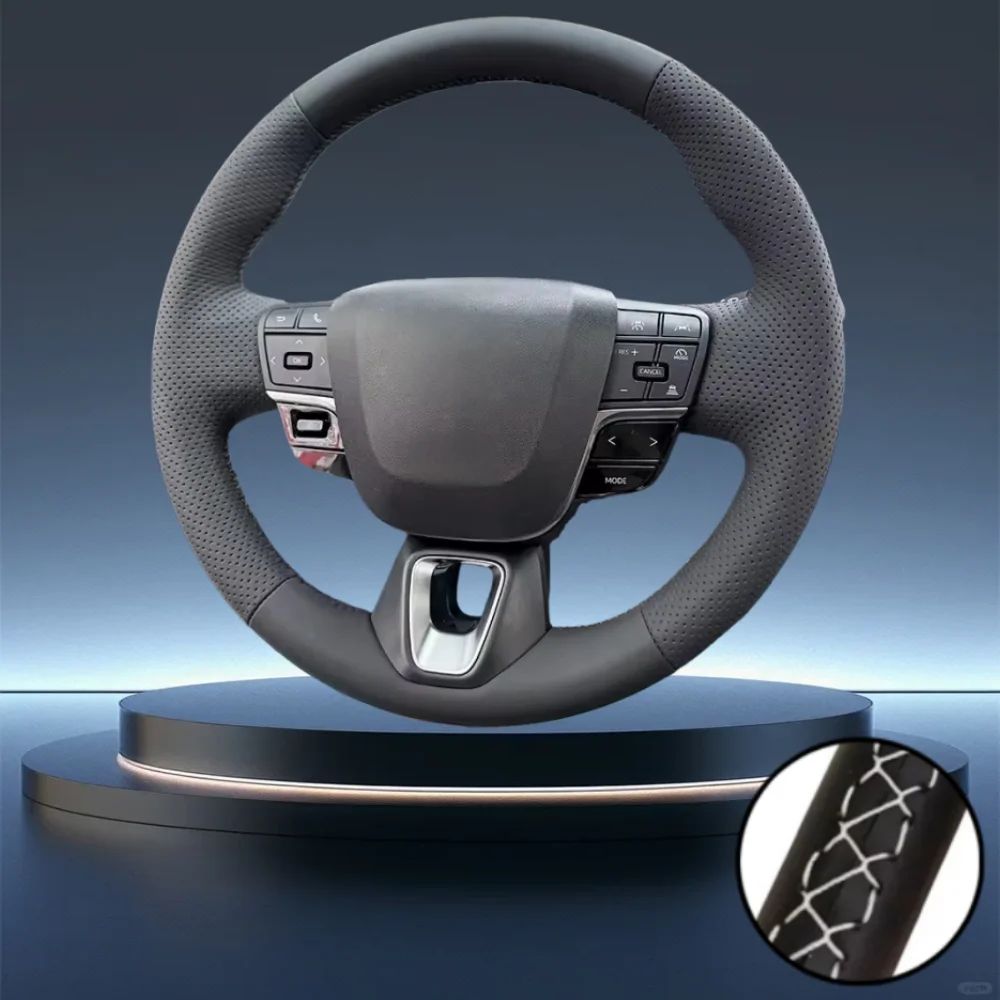 For 9th-generation Toyota Camry and Toyota Avalon Hand-Stitched Black Perforated Microfiber Leather Steering Wheel Cover