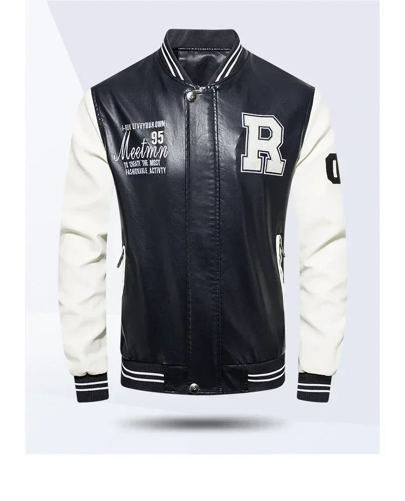 Men's American Baseball Collar Pilot Casual PU Spring and Autumn Leather Jacket Motorcycle Suit Leather Jacket Color Blocking