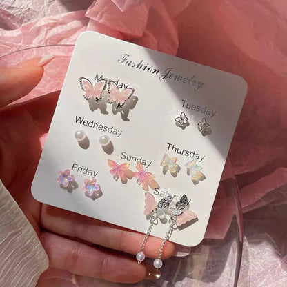 Brincos de Borboleta com Flores Coloridas, Conjunto de Sete Peças para Mulheres, Acessório Diário Personalizado, Joias de Festa, Presentes de Aniversário