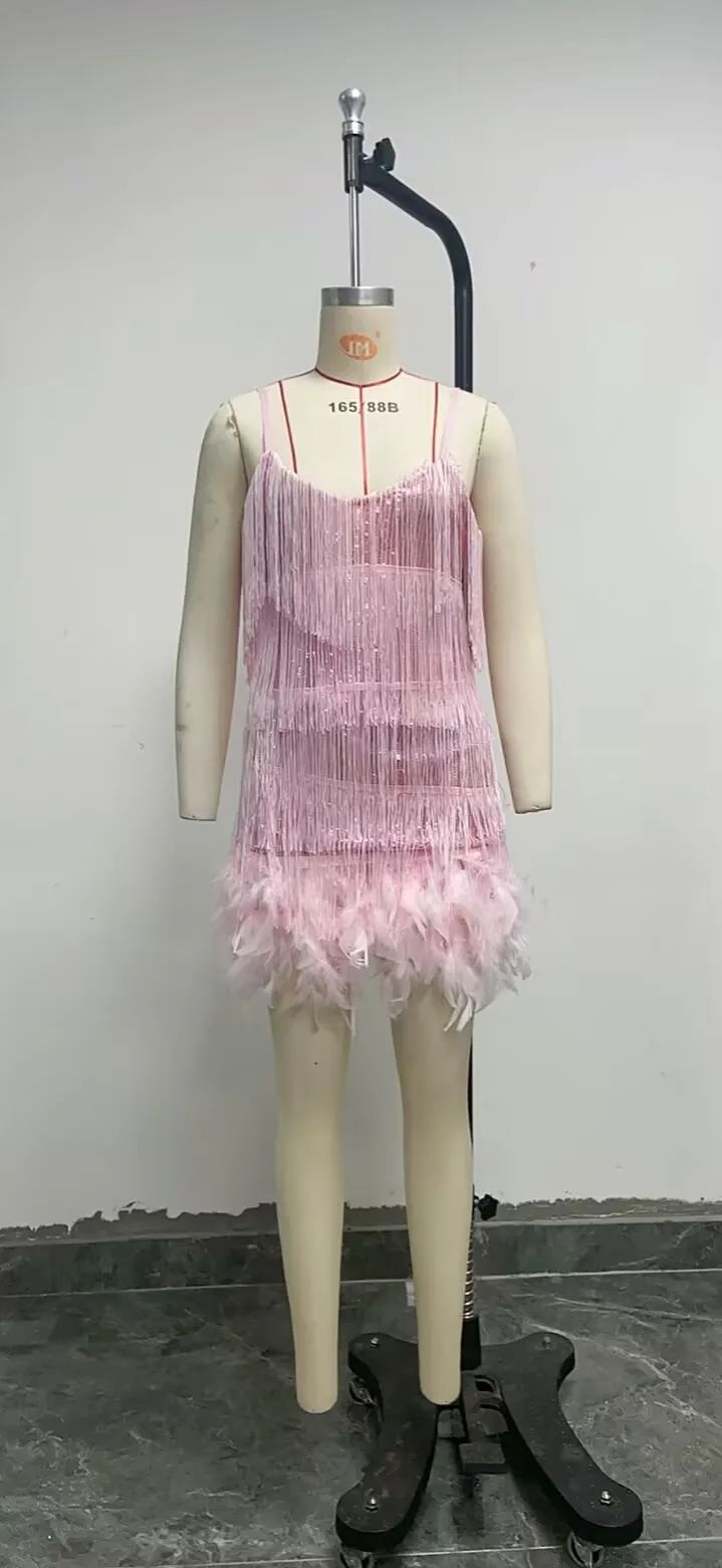 2024 Summer New Fashionable Framed Sequins Feather Patchwork Dress Colorful Amazon Direct Sales Women's Sleeveless Dress