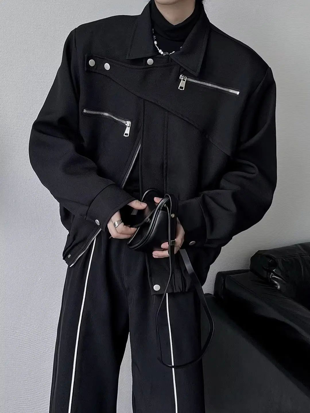Yamamoto Dark Style Asymmetrical Design Short Lapel Zipper Deconstruction High-end Flying Jacket Jacket for Men