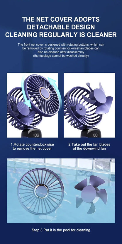 Ventilador Portátil Recarregável 5000mAh Dobrável 90° 5 Velocidades Mini Ar Condicionado Pequeno Ventilador Refrigerador de Ar com Display Digital LED