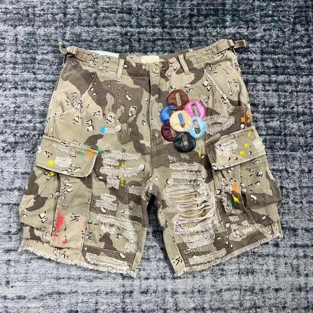 Retro Camouflage Cargo Denim Shorts Y2K Jeans Mens Pocket Embroidery Baggy Shorts Low Waist Over The Knee Pants Casual Shorts
