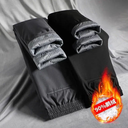 Calça Masculina de Inverno de Pena de Ganso Cintura Elástica Roupa Externa Calça de Pena Casual À Prova de Frio Nova Calça Reta Quente e Engrossada de Inverno