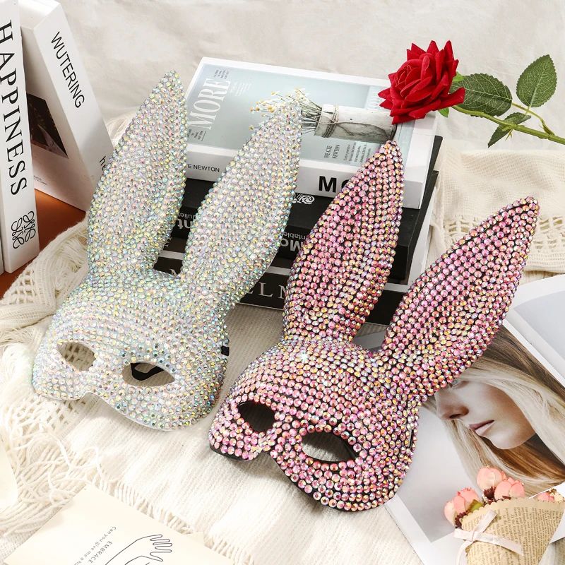 Full Diamond Animal Party Makeup Ball Shining Rabbit Mask for women Drama Performance Animal Costume Shooting Props, Halloween