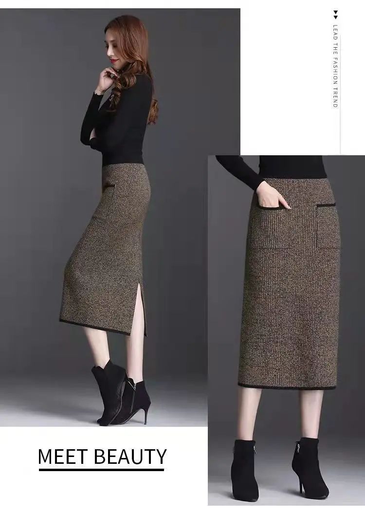 New Style Gold Mink Cashmere Elastic High Waist Office Lady Knee-length Skirts Solid Split Fork Hip Wrap Skirt High Elasticity