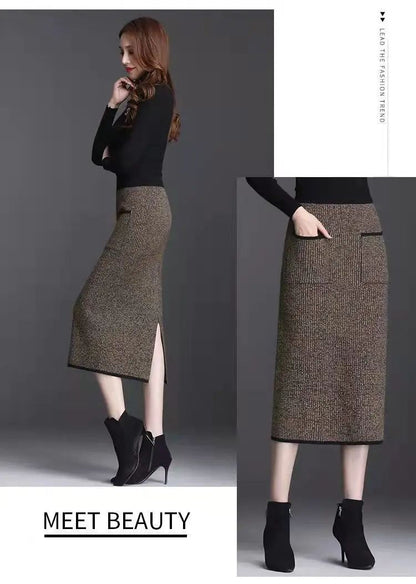 New Style Gold Mink Cashmere Elastic High Waist Office Lady Knee-length Skirts Solid Split Fork Hip Wrap Skirt High Elasticity