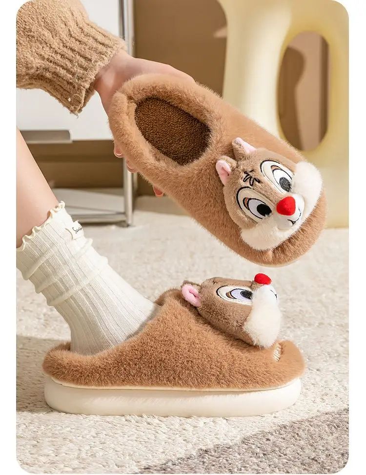 Chinelo de algodão de pelúcia com desenho animado Disney Tico e Teco, fofo, para homens e mulheres, confortável, macio, antiderrapante, resistente ao desgaste e quente para o inverno
