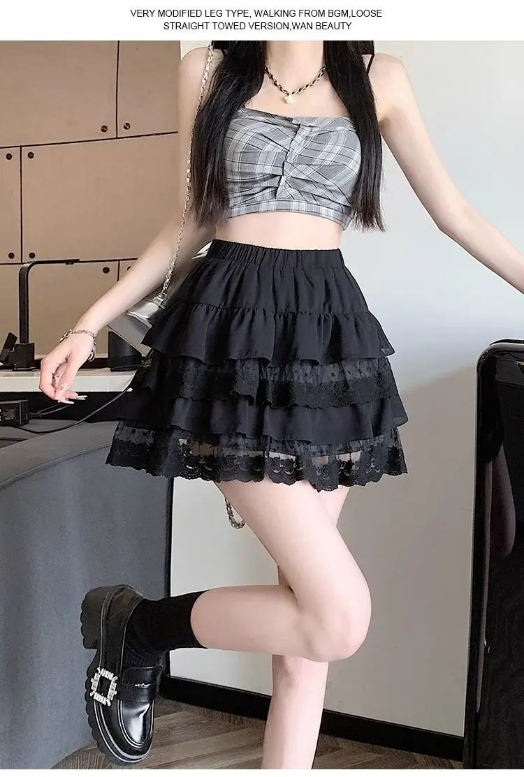 JOEVILU White Tutu Skirt A-line Elastic High Waist Mini Skirts Short Lace Cake Skirt Thin Summer Korean Fashion Goth Y2k Clothes