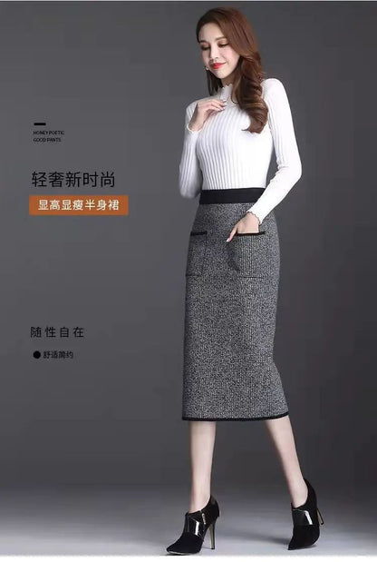 New Style Gold Mink Cashmere Elastic High Waist Office Lady Knee-length Skirts Solid Split Fork Hip Wrap Skirt High Elasticity