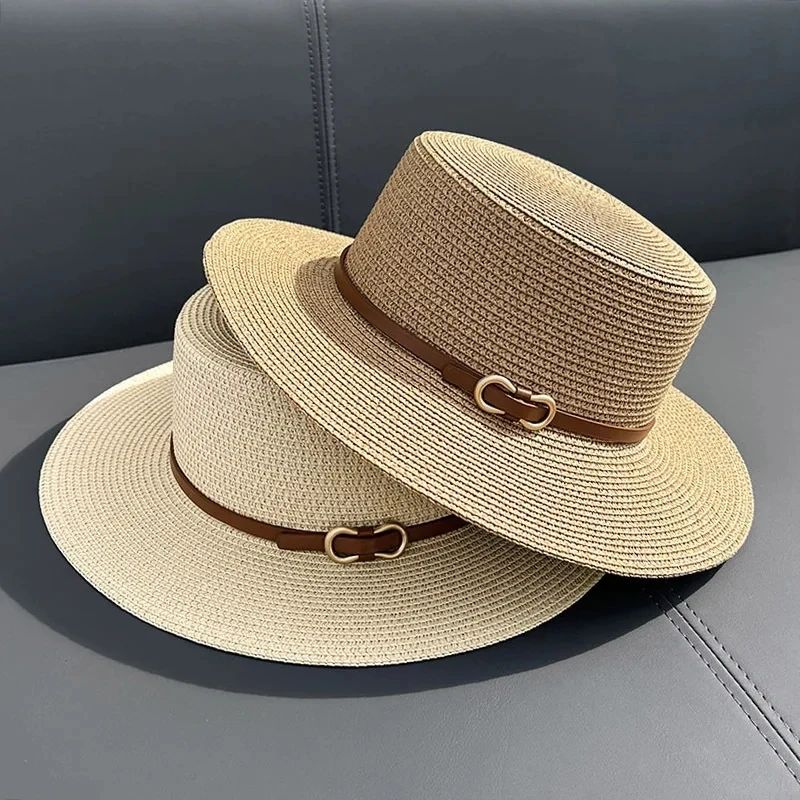 Simple Straw Summer Women Beach Hat Female Casual Panama Hat Women Flat Brim Bowknot Straw Cap Girls Sun Hat