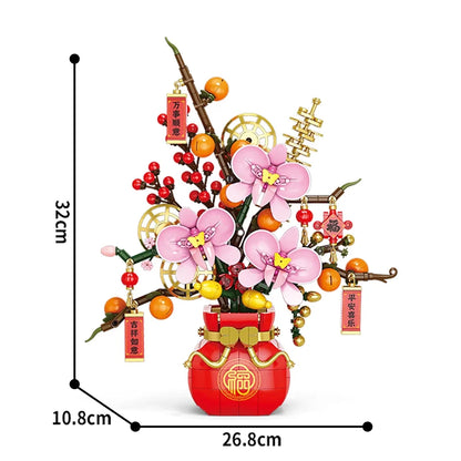 City Creativity Flower Bouquet Peach Blossom Narcissus Bonsai Potted Plant Building Blocks Model New year Home Decoration 2025