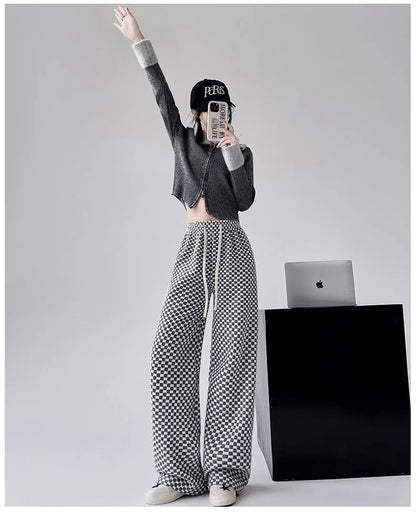 High Waist Wide Leg Pants Women's Autumn Winter New Style Lazy Casual Fleece Woolen Plaid Trousers Fashionable Comfortable