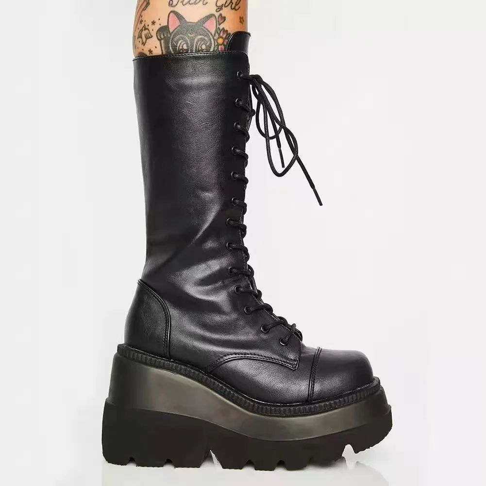 Winter Boots Women Platform Shoes Booties Rain Combat Military Short Leather Black New Rock Punk Goth Lolita Clearance Offers
