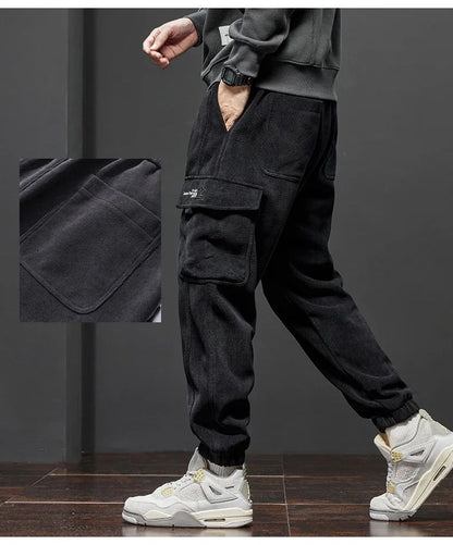 Winter New Thickened Warm Men's Corduroy Cargo Pants Fleece Loose Streetwear Joggers Harem Pants Sweatpants Male Trousers Black