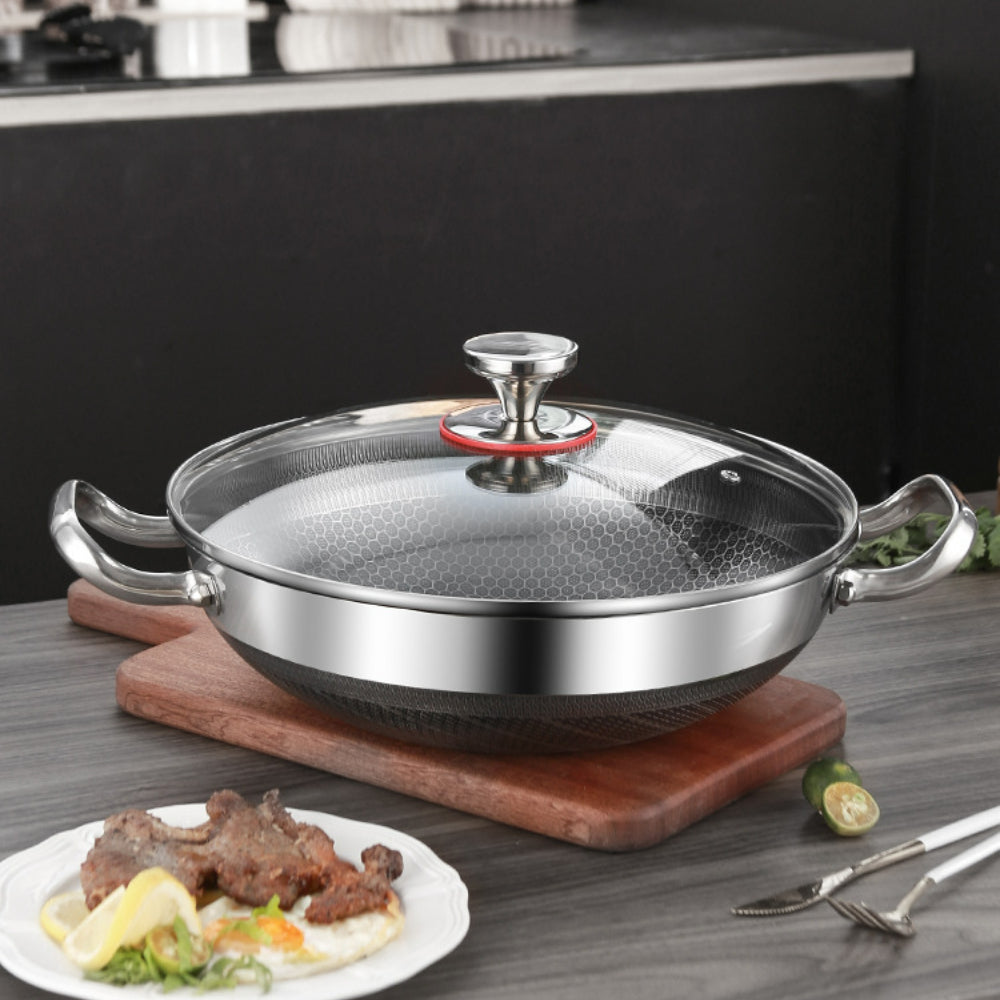 32cm Panela de Fritura em Aço Inoxidável 304, Antiaderente de Grau Alimentício, Fundo de Panela Tipo Colmeia, Panela Wok de Uso Geral para Fogão a Gás e de Indução