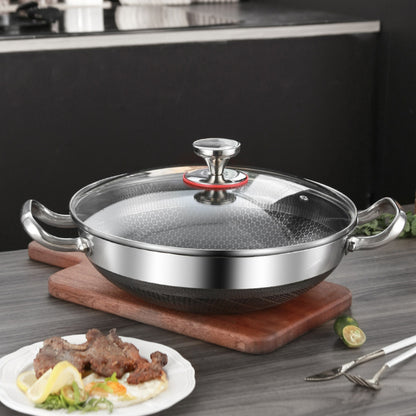 32cm Panela de Fritura em Aço Inoxidável 304, Antiaderente de Grau Alimentício, Fundo de Panela Tipo Colmeia, Panela Wok de Uso Geral para Fogão a Gás e de Indução