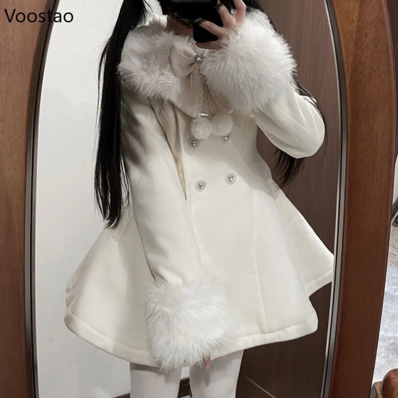 Autumn Winter Japanese Kawaii Lolita Woolen Coat Women Sweet Bow Plush Slim Jacket Female Korean Style Warm Dress Cute Overcoat