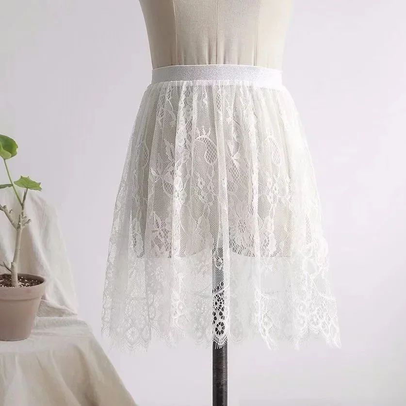 2 Length Elegant Black Skirt White Lace Transparent Long Tulle Skirt Ladies Elastic High Waist Beach Midi Skirt Drop shipping