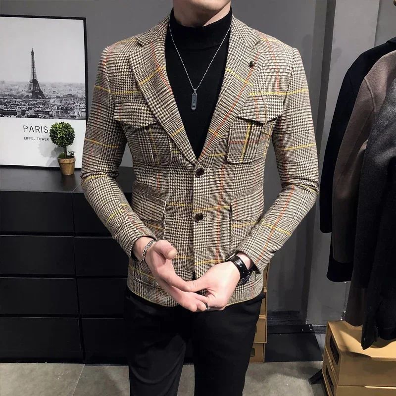 Spring plaid men's jacket British style wedding host business casual suit jacket men's formal  mens blazer Slim fit jacket