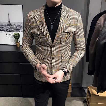 Spring plaid men's jacket British style wedding host business casual suit jacket men's formal  mens blazer Slim fit jacket