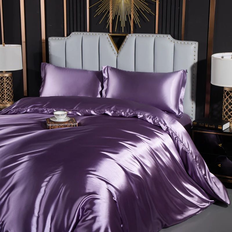Solid Silk Bedding Set with Duvet Cover Fitted/Flat Bed Sheet Pillowcase Luxury Couple Bedsheet King Queen Double Twin Size