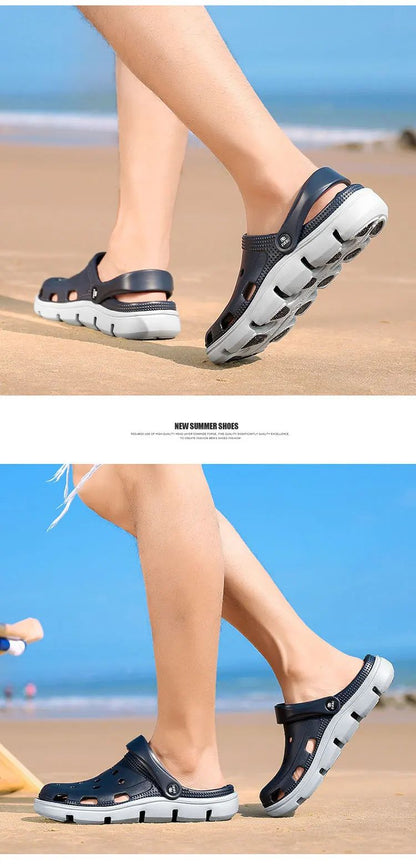 2024 Summer Plus Size Hollow Out Sandals Men's Breathable Slippers Trendy Thick Base Slip-On Beach Shoes Men's Footwear