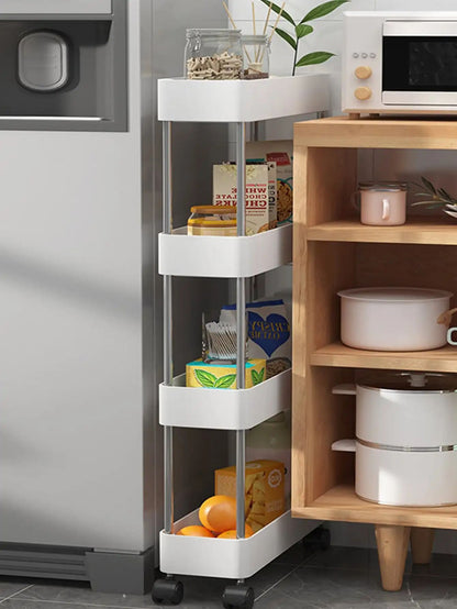 Rack de armazenamento móvel com 3/4 níveis para espaços estreitos, carrinho utilitário com rodinhas, prateleira organizadora fina para cozinha, banheiro e sala de estar