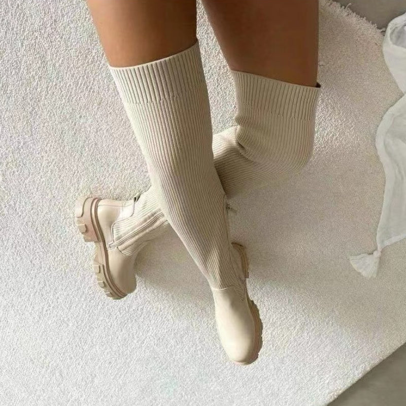 Autumn and Winter Fashion New Sexy Breathable Round Toe Solid Color Comfortable Square Heel Zipper Women's Boots