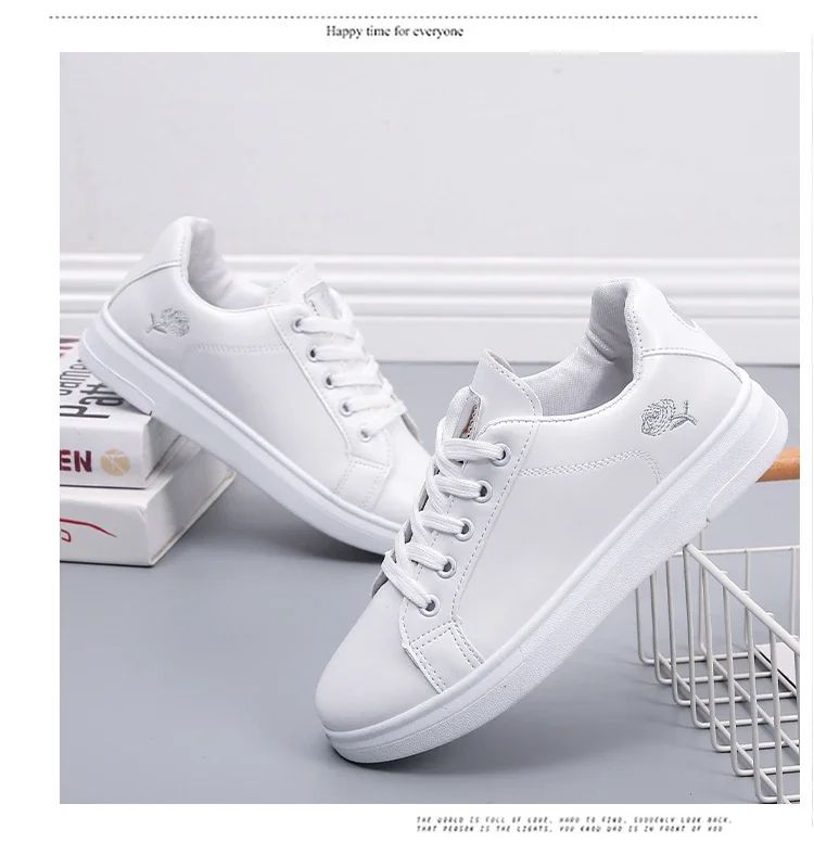 Women Leather Pu Casual Shoes New 2024 Woman Shoes Fashion Embroidered White Sneakers Breathable Flower Lace-Up Women Sneakers