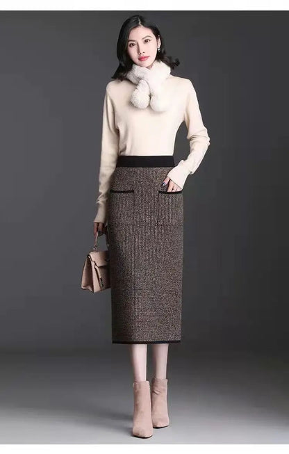 New Style Gold Mink Cashmere Elastic High Waist Office Lady Knee-length Skirts Solid Split Fork Hip Wrap Skirt High Elasticity