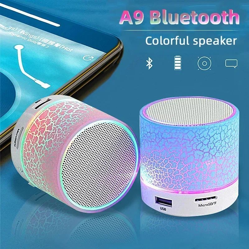 Mini alto-falante Bluetooth sem fio com LED rachado, cartão SD, USB, subwoofer, portátil, MP3, coluna de som para PC e celular