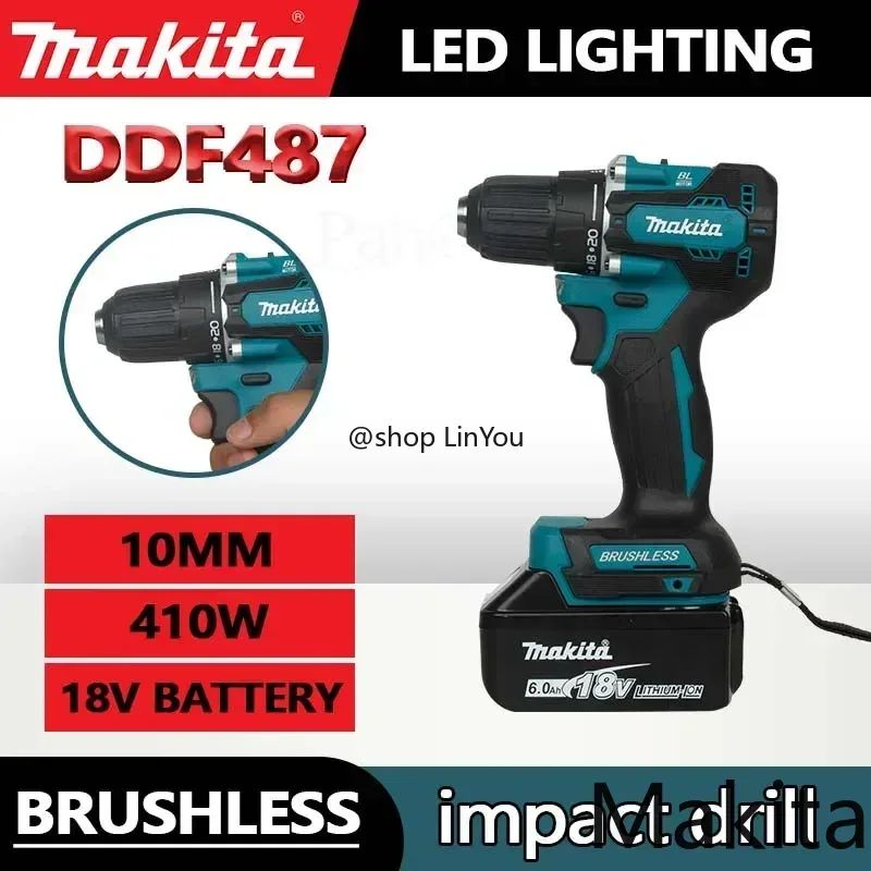 Parafusadeira de impacto recarregável Makita DDF487 10mm sem escova 18V de lítio, parafusadeira elétrica de alto torque para uso doméstico