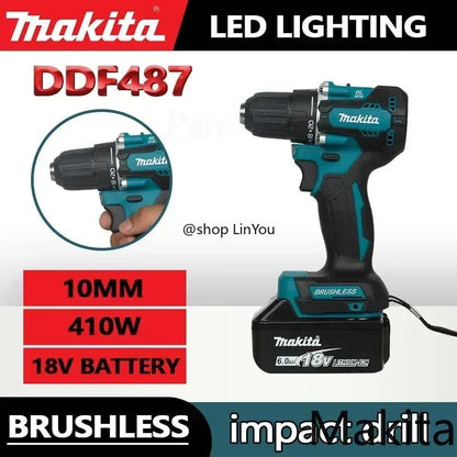 Parafusadeira de impacto recarregável Makita DDF487 10mm sem escova 18V de lítio, parafusadeira elétrica de alto torque para uso doméstico