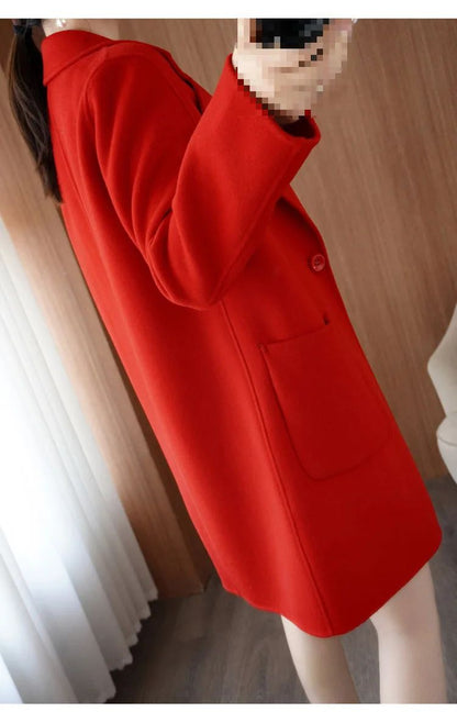 Ladies' Fashionable Woolen Coat Autumn Winter High End Medium Length Leisure Style Woolen Outerwear Pure Color Full Sleeve